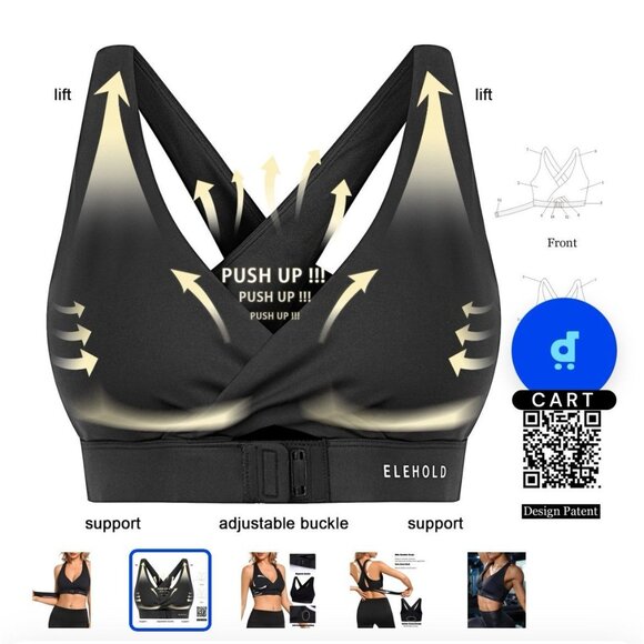 Rare ELEHOLD High Impact Sports Bra Padded Front Magnetic Buckle NWT Black Small - Picture 2 of 12